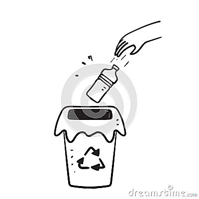 Hand drawn doodle throw plastic bottles in the trash bin illustration vector Vector Illustration