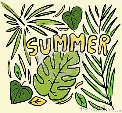 Hand drawn doodle Tropical lettering with monstera, banana and palm leaves. Word Summer is yellow Cartoon Illustration