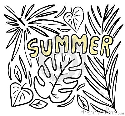 Hand drawn doodle Tropical lettering with monstera, banana and palm leaves. Word Summer is yellow Cartoon Illustration