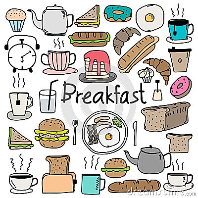 Hand Drawn Doodle Vector Breakfast Set. Vector Illustration