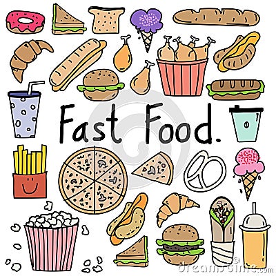 Hand Drawn Doodle Vector Fast Food Set. Vector Illustration