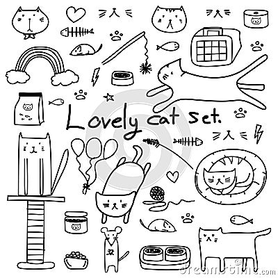 Hand Drawn Doodle Vector Lovely Cat Set. Cute Cat For Gift Wrap. Vector Illustration