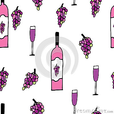 Hand drawn doodle vector seamless pattern with wine glasses, bottles and grapes Vector Illustration