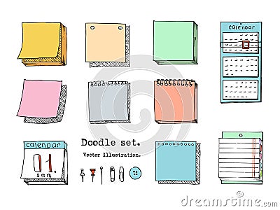Hand drawn doodle vector set of sticky note, paper sheet, pack of paper, memo, calendar, notepad page with pin, binder. Cartoon st Vector Illustration