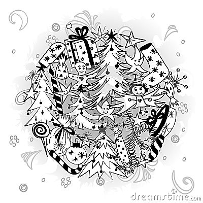 Hand Drawn Doodle Winter Holiday Symbols. Children Drawings of Fir Trees, Gifts, Candle, Sweets, Angel and Snowflake Vector Illustration