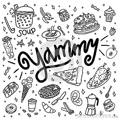 Hand drawn doodle yammy, baking, dishes and kitchenware. Vector Illustration