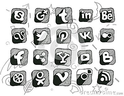 Hand drawn doodled social media icons. Editorial Stock Photo