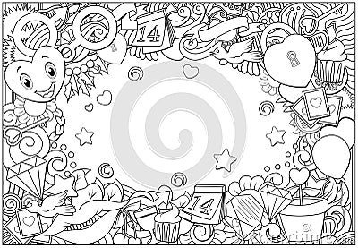 Hand drawn doodles happy valentines day frame background Vector Illustration