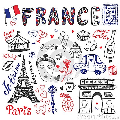 Hand drawn doodles set of France - Eiffel tower, Triumphal arch and other culture elements. Vector collection Vector Illustration