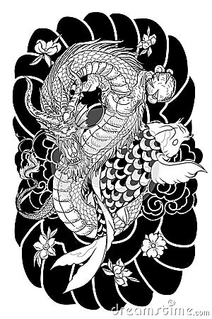 Hand drawn Dragon and koi fish with flower tattoo for Arm, Japanese carp line drawing coloring book vector image.Dragon and koi fi Vector Illustration