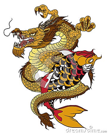 Hand drawn Dragon and koi fish with flower tattoo for Arm, Japanese carp line drawing coloring book vector image. Vector Illustration