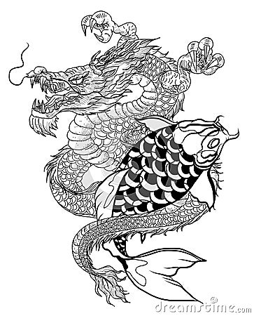 Hand drawn Dragon and koi fish with flower tattoo for Arm, Japanese carp line drawing coloring book vector image. Vector Illustration