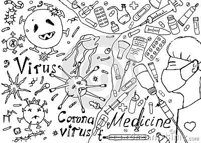 Hand drawn drawing with doctor and medications. Confrontation monsters of microbes, viruses and medicine. Concept of fight against Vector Illustration