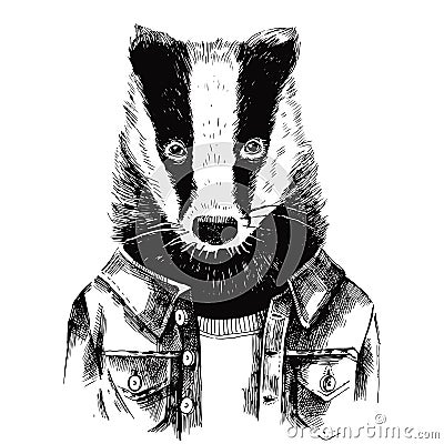 Hand drawn dressed up badger in hipster style Vector Illustration