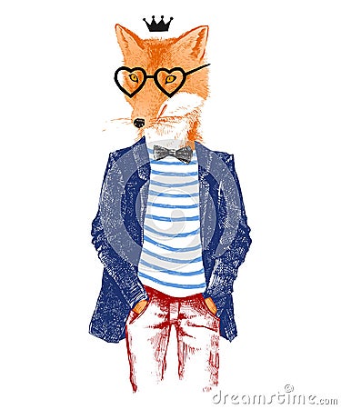 Hand drawn dressed up fox in hipster style Vector Illustration