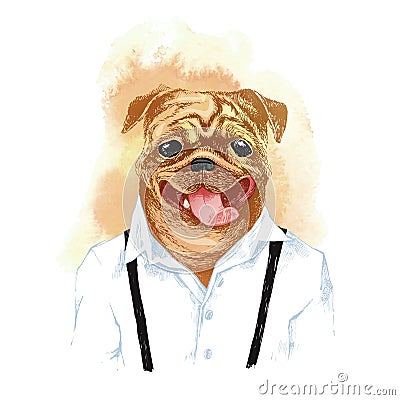 Hand drawn dressed up pug in hipster style Vector Illustration