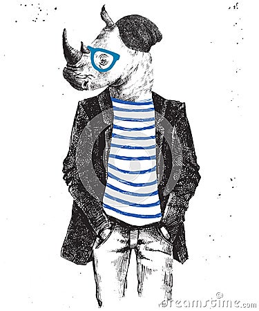 Hand drawn dressed up rhino in hipster style Vector Illustration