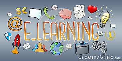 Hand-drawn e-learning text with icons Stock Photo