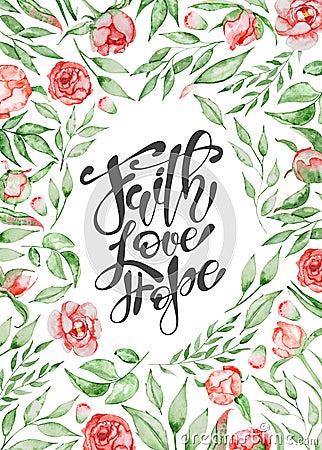 Hand drawn Easter quote Greeting card templates with lettering phrase Faith, Love, Hope Modern calligraphy style Cartoon Illustration