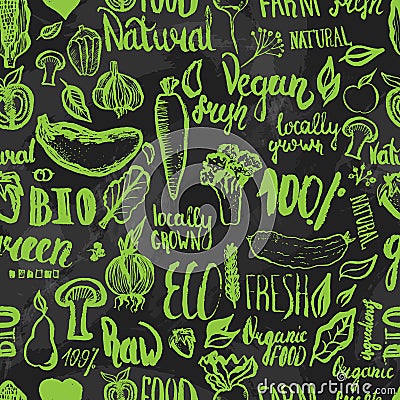 Hand drawn eco food seamless pattern with lettering for organic, bio, natural, vegan, food on dark background Vector Illustration