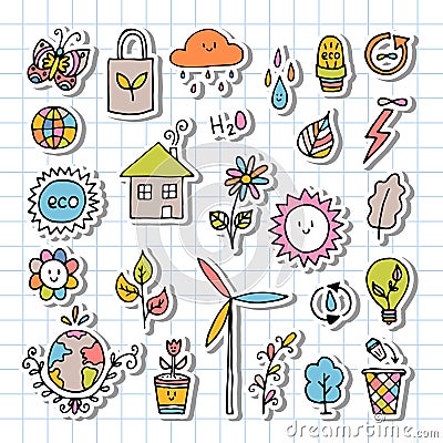 Hand drawn ecology, eco icons. Zero waste concept. Alternative energy. Ecological, green lifestyle. Stickers Vector Illustration