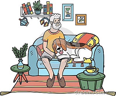 Hand Drawn Elderly man sitting with Beagle Dog illustration in doodle style Vector Illustration