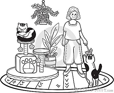 Hand Drawn Elderly play with cat illustration in doodle style Vector Illustration