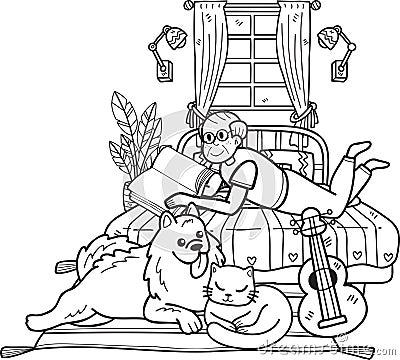 Hand Drawn Elderly reading books with dogs and cats illustration in doodle style Vector Illustration