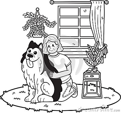Hand Drawn Elderly sitting with the dog illustration in doodle style Vector Illustration