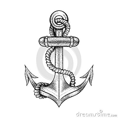 Hand drawn elegant ship sea anchor with rope Vector Illustration