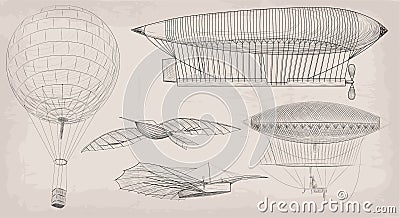 Hand drawn element object vintage air transport airship dirigible, basket balloon plane airplane retro design set black linear .V Vector Illustration