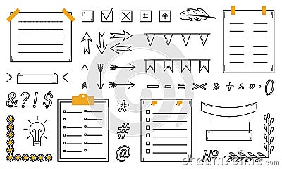 Hand-drawn elements of the bullet journal. Planning, reminders, organizer. Doodle style. Vector. Vector Illustration