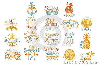 Hand drawn elements for summer calligraphic logo design. Beach vacation and hot sale concepts. Lettering with cocktails Vector Illustration