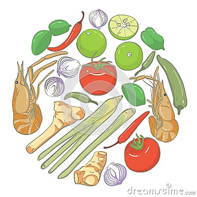 Hand drawn elements Tom Yam Kung, spicy Thai soup with shrimp Vector Illustration