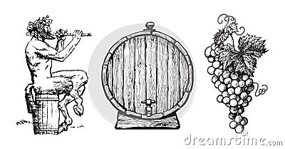 Hand drawn elements for wine design. Satyr, barrel, bunch of grapes. Vector. Vector Illustration