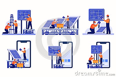 Hand Drawn Engineer installing solar cells in flat style Stock Photo