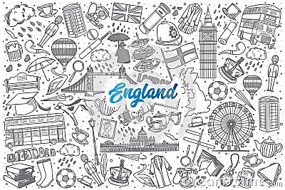 Hand drawn England doodle set with lettering Vector Illustration