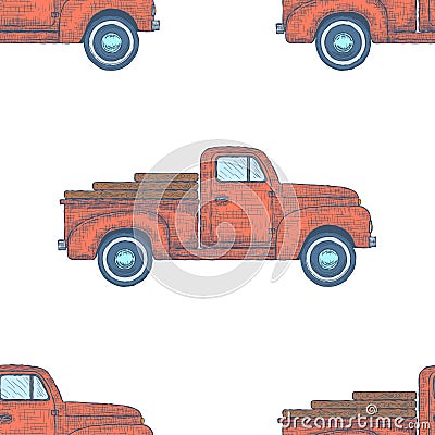 Hand drawn Engraved Retro Vintage Pickup Truck Seamless Pattern. Vector Vector Illustration