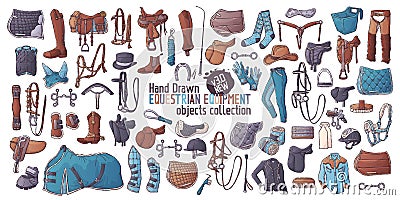 Hand drawn equestrian equipment collection Vector. Horse ammunition. Rider clothing. Vector Illustration