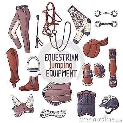 Hand drawn equestrian equipment collection Vector. Jumping accessories. Sports gear. Vector Illustration