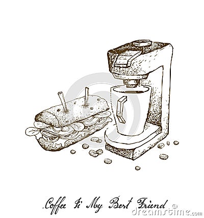 Hand Drawn of Espresso Coffee Machine with Baguette Sandwich Vector Illustration
