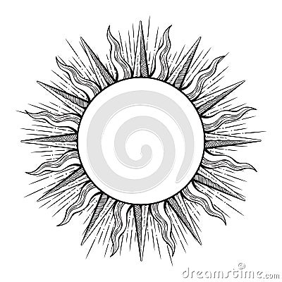 Hand drawn etching style frame in a shape of sun rays vector illustration Vector Illustration