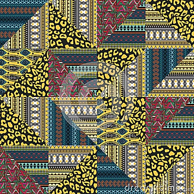 Hand drawn ethnic seamless pattern with triangle decoration and leopard skin background. Vector trendy fashion textile ready for Vector Illustration