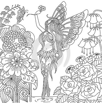 Hand drawn fairy flying in flower land for coloring book for adult Vector Illustration