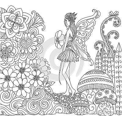 Hand drawn fairy walking in the flowers land for coloring book for adult Vector Illustration