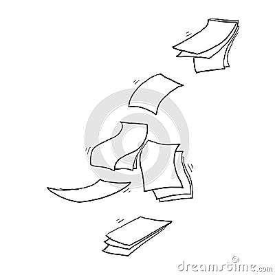 Hand drawn Falling paper sheets. Flying papers pages, white sheet documents and blank document page on wind. Fly scattered notes, Vector Illustration