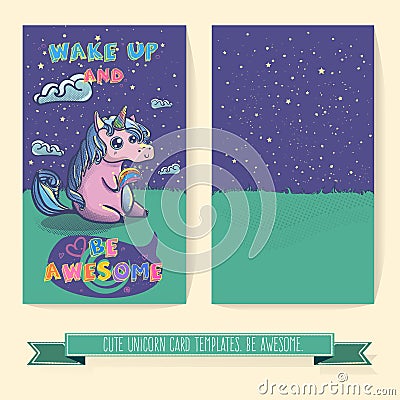 Hand drawn fantasy cartoon unicorn card template. Stock Photo