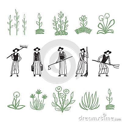 Hand drawn farming women Vector Illustration