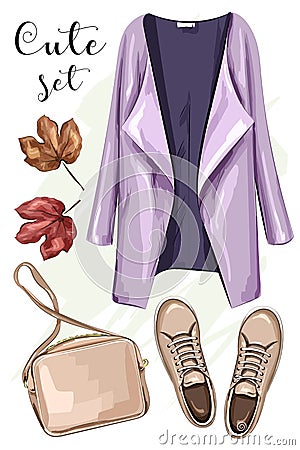 Hand drawn fashion clothes set: coat, bag, shoes. Stylish clothing outfit. Sketch. Vector Illustration