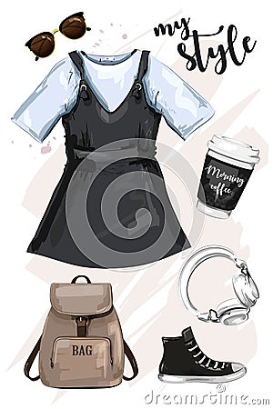 Hand drawn fashion clothing set with backpack, dress coffee cup, sunglasses, shoe and headphones. Stylish outfit. Vector Illustration